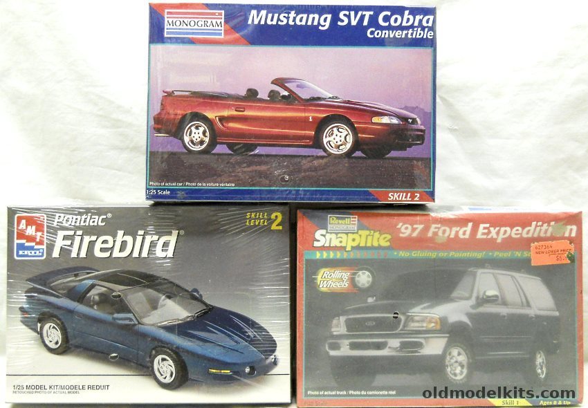 Revell 1/25 85-6440 1997 Ford Expedition / Monogram 2460 Mustang SVT Cobra Convertible / AMT 8610 Pontiac Firebird plastic model kit